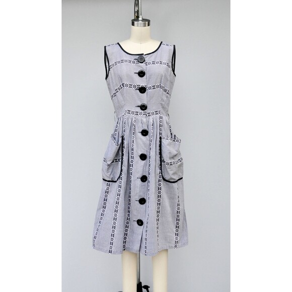 50s 60s Checkered Floral Dress LARGE POCKETS Pleated Pin Up Rockabilly S M - Picture 2 of 10